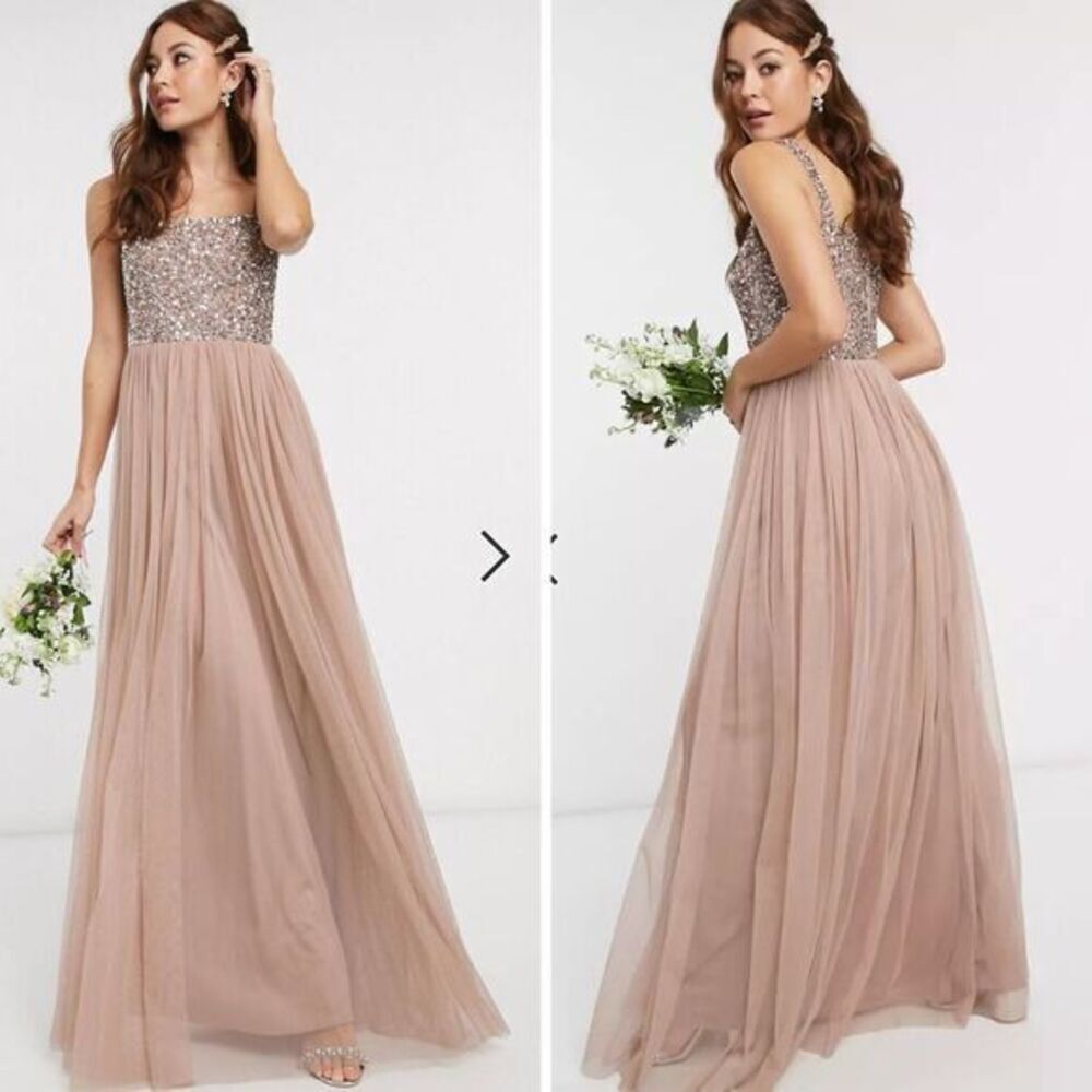NEWโ Maya Bridesmaid sleeveless squareโneck maxi tulle dress in taupe blush,10